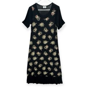VTG RM Hawaiian Dress Womens Large Black Gold Embossed Floral Asian Stretch Maxi